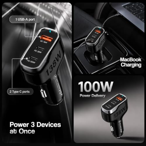 Image of Primate 138W USB C Car Charger, 3-Port Fast Car Charger with 100W PD USB-C & 30W PD Type C + 18W QC3.0 USB-A, Super Fast Car Charger Adapter for MacBook, iPhone 16 /15 /14, Samsung, iPad, Laptop