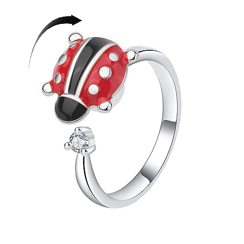 OIDIMS Rotatable Ladybug Ring Silver Anti Fidget Spinner Anxiety Rings Adjustable Open Statement Stress Relief Stackable Rings Crystal Wedding Jewelry Xmas Cute CZ Gifts for Women