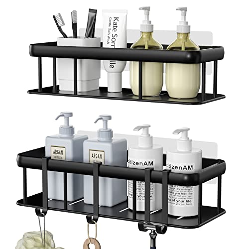 Midphorn 2-Pack Adhesive Shower Caddy, No Drilling Shower Shelf With Hooks Rustproof Wall Mounted Shower Organizer For Inside Shower Bathroom Storage Shampoo Holder, Matte Black #TOP7