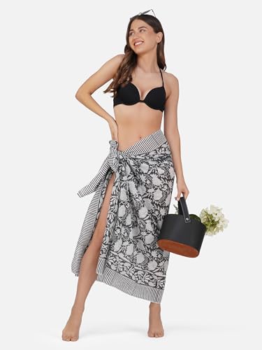 100% Cotton Hand block Sarong Beach Pareo -Your Perfect Summer Cover up Swimwear Companion Wrap Skirt In Summer (Black-White Flower) - Image 4