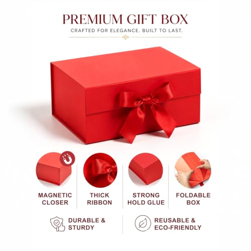 Image of Kura by Ekhasa Foldable Large Multipurpose Gift Hamper Box (21.5 x 21 x 9.5 cm) with Magnetic Closure & Ribbon | Red Rigid Cardboard Empty Reusable Packing Box | Birthday, Wedding & Festive Gifting