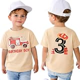 Feuerwehrwagen Kinder Shirt Baby Geburtstag T-Shirt 1-4 Jahre Tshirt für Jungen Birthday Boy Drucker Top Sommer Kurzarm Oberteile Rundhals Kleidung Kleinkind Geburtstagsshirt(3 Jahre,Apricot)