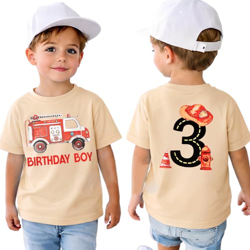 Feuerwehrwagen Kinder Shirt Baby Geburtstag T-Shirt 1-4 Jahre Tshirt für Jungen Birthday Boy Drucker Top Sommer Kurzarm Oberteile Rundhals Kleidung Kleinkind Geburtstagsshirt(2 Jahre Apricot)