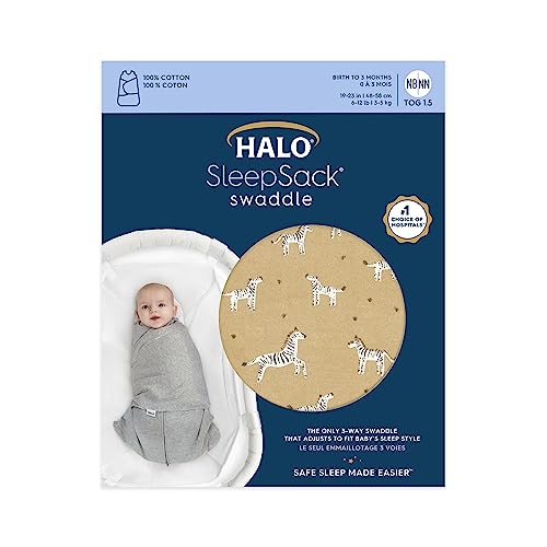 Image of HALO 100% Cotton Sleepsack Swaddle, 3-Way Adjustable Wearable Blanket, TOG 1.5, Serengeti Zebra, Newborn, 0-3 Months