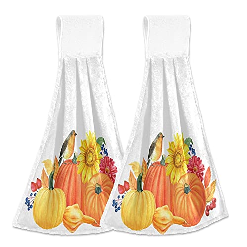 Slhkpns Autumn Leaves Robin Bird Kitchen Hanging Hand Towels,Pumpkins Sunflowers Absorbent Tie Towel With Loop 2 Pcs Kitchen Linen Sets For Bathroom Restroom Home Decor, 12X17In #TOP11
