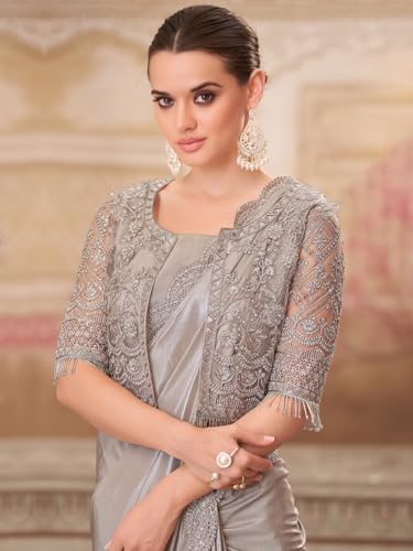 Image of AKHILAM Women's Heavy Georgette Sequence Work & Unstitched Jacket Saree With Unstitched Blouse Piece
