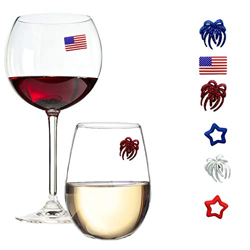 4th of July Decorations for Your Wine Glass - 6 Magnetic Drink Markers or Charms Great for Summer Celebrations or BBQs by Simply Charmed