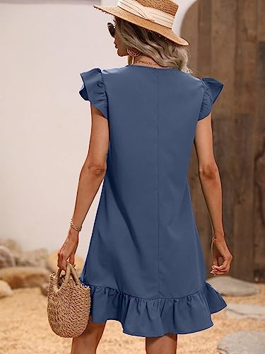 Image of Floerns Women's Solid V Neck Ruffle Trim Cap Sleeve Summer Tunic Dress