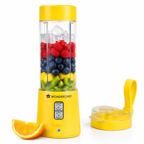 Image of Wonderchef Twister Portable Blender, 500ml, Dual-rotation Stainless-steel Blades, For Crushing Ice, Smoothies, Shakes, Salad Dressings, For Backpacks /Office Bags, Type-c Charge, 1-Yr Warranty, Yellow