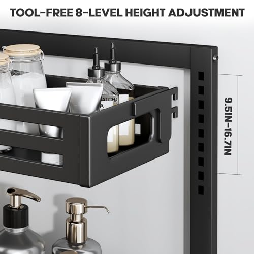 Image of 2 Pack Under Sink Organizer,Pull Out Cabinet Organizer with Smooth Cylindrical Rail,Metal Slide Out Drawer for Kitchen Bathroom Laundry Cabinet,8-Level Tool Free Height Adjustable-Black