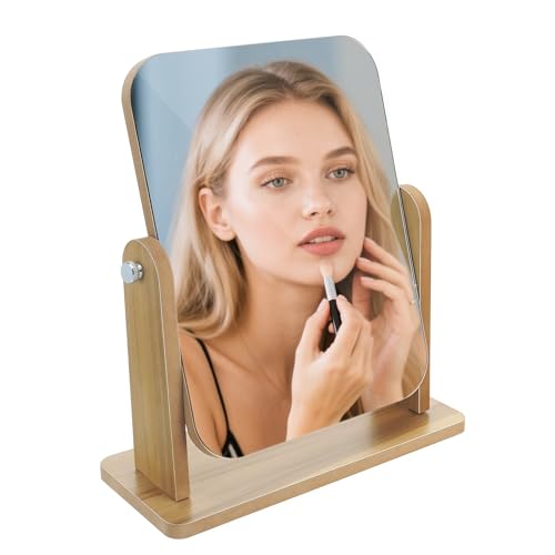 CHUNGG Small Wooden Vanity Mirror with Stand, Bathroom Shaving Mirrors Free Standing, Rotation Desk Makeup Mirror for Dressing Table, Desk, Bathroom, Bedroom