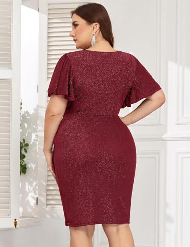 Image of ZOMVA Plus Size 0X-4X Sparkly Glitter Ruched Bodycon Mini Dress Sparkle Sequin Wrap Ruffle Sleeve Dress Cocktail Party Formal