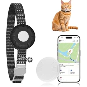 Cat GPS Tracker, Smart Cat Tracker Compatible with Apple Find My App (Only iOS), No Monthly Fee, Waterproof, Breakaway Collar Included (White Tracker, Black Cat Collar)
