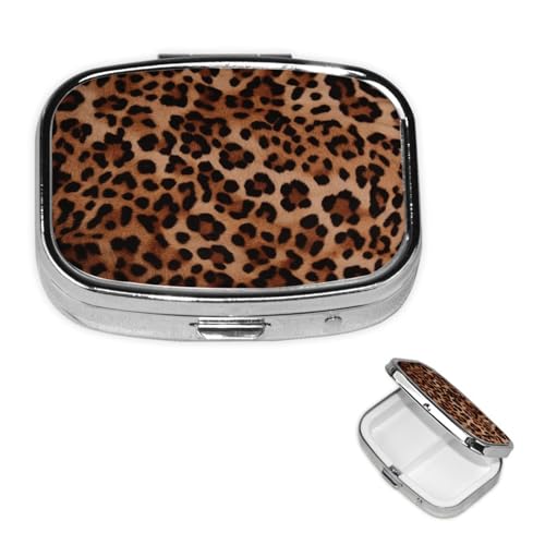 小さなピルケース 2つのコンパートメント、ヒョウ柄ピルボックス デイリーメタル ポータブルピルオーガナイザー ポケットパース トラベルピルボックス ミラー付き スクエア 薬 ビタミンホルダー ユニークなギフト