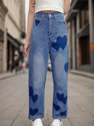Baggy Jeans for Women Teen Girls High Waist Straight Ankle Leg Heart Print Y2K Boyfriend Jeans Trendy Loose 90s Mom Jeans4