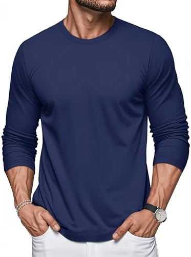 MAGCOMSEN Langarm Shirt Herren Baumwolle Basic Einfarbig Rundhals Tshirt | Baumwollstoff, Atmungsaktive, Dünn, Leicht, Hautverträglich, Komfortabel, Freizeit, Altag, Outdoor, Unter