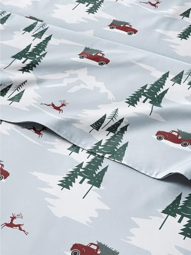 Full Christmas Pickup Trucks Sheet Set - Holiday Xmas Pattern Bedding Set - Deep Pockets - Snug Fit - 4 Piece - Wrinkle Free - Cozy Cooling Festive Winter - Holiday Sheets for Women, Men, Kids & Teens