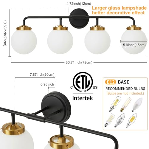 Image of Bathroom Light Fixtures 30.7in 4-Light Black Gold Vanity Lights for Mirror | Bathroom Lighting Fixtures over Mirror, ETL, Brushed Brass Wall Sconce, Dimmable E12 Base Max 60W, Milky Glass Ball Shades