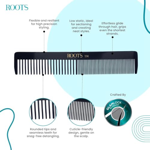 Image of ROOTS - Professional Hair Cutting Comb | Dual Teeth For Styling & Detangling | Salon Grade - For Men & Women | Ideal for Sectioning & Colouring | Length - 7.6 Inch | Model No. 114