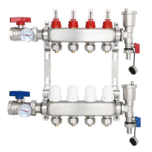 Image of Dollate 4 Loops Pex Manifold Radiant With 1 /2 inch Adapter Floor Heating Set Stainless Steel Heated Hydronic Heating