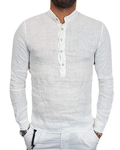 SySea Mens Casual V Neck Cotton Linen Long Sleeve Hippie Shirts Banded Collar Henley Tops with Buttons (XX-Large, 1 White)
