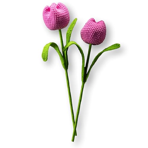 Image of Tulip Crochet Flowers | Handcrafted Artificial Faux Woolen Flower with Long Stem | Natural Looking Knitted Flower for Home, Living Room, Vase & Bouquet Decoration & Gifting | Pink- 2 Pcs