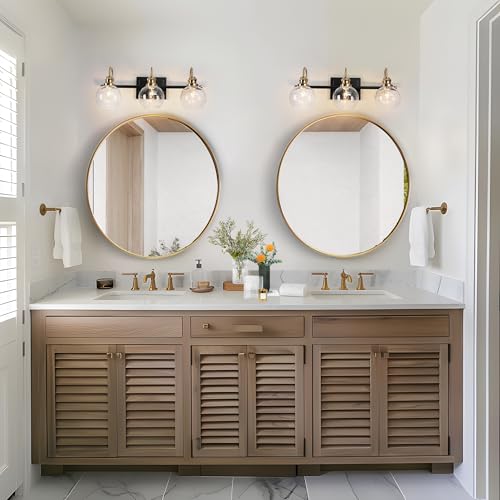 Image of KSANA Black Gold Vanity Light, Modern 3-Light Bathroom Light Fixture with Clear Glass Globes, Electroplating Brass 22 inchL Vanity Lighting Over Mirror