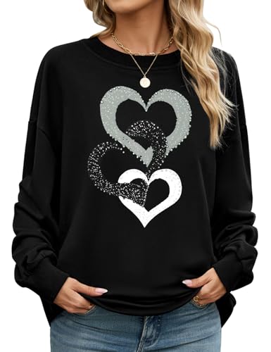 CMTOP Sweat Femme sans Capuche Sweat-Shirt Chic Imprimé Uni Sweatshirt à Manches Longues Col Rond Pull Printanier Automne Elegant Décontractée Pullover Ample à Ourlet Côtelé(Noir-A, XXL)