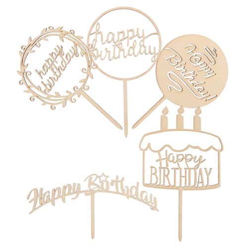 JOINPAYA 5 Adornos de Madera Natural para Tartas de Cumpleaños, Decoración Reutilizable para Pasteles y Cupcakes, Tarjetas y Pancartas para Fiesta, Juego de 5 Piezas para Eventos Festivos