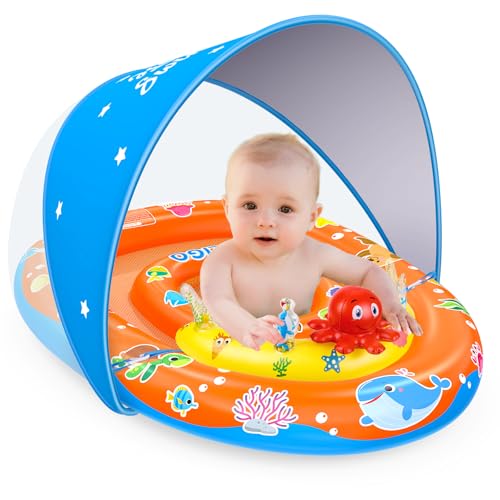 EZIGO Baby Pool Float with Canopy UPF 50+ Sun Protection, Double Air Chambers Infants Swimming Floats with Sound Toys Adjustable Safety Seat Toddler...