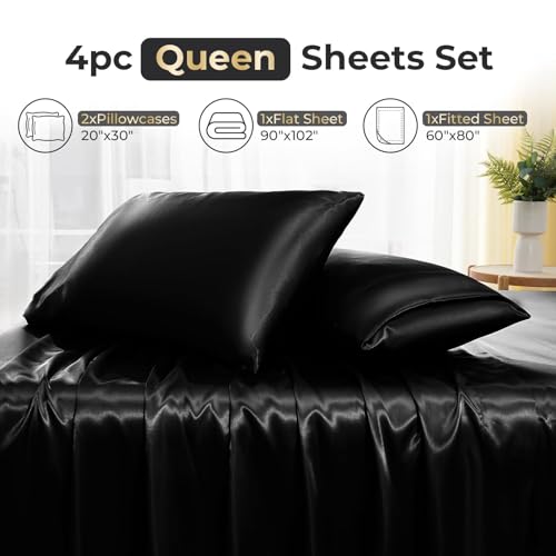 Sasttie Satin Sheets Queen Size - 4 Pieces Luxury Soft Black Silky Bed Sheets Set with Pillowcases - Smooth Silk-Like Satin Fabric, Reinforced 14 Inches Pocket, Oeko-Tex Certified - Image 7