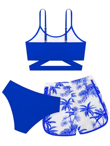 Image of Girl's 3 Piece Bikini Set Cross Strap Swimsuits for Girls Bathing Suit with Shorts Teen Swimwear Swimming Suit