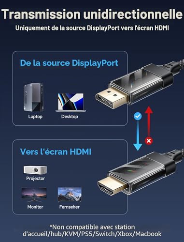JSAUX Câble DisplayPort 4K vers HDMI, 4K@60Hz/2K@120/1080P@120 Unidirectionnel [Plaqué or, tressé, aluminium] DP-PC vers HDMI-Moniteur Compatible avec Lenovo, HP, Dell, AMD, NVIDIA-2m – vue 3