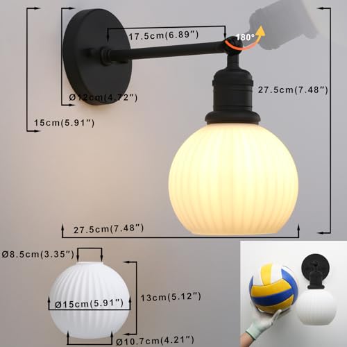 Image of Yosoan Boho Aged Vanity Bathroom Wall Sconce with Milk Shade, 1-Light Indoor Hardwired Wall Mounted Vintage Industrial Fixture Lights with Ribbed Round Glass Lamp for Bedroom Living Room(Black)
