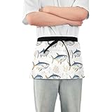 linqin Delantal de camarera de 3 bolsillos, delantal de servidor de dibujos animados de atún y peces, delantal de cintura corta de 12 pulgadas, delantal pequeño impermeable, Atún de dibujos animados,