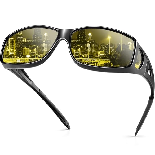 Each Cool Night Driving Glasses Fit Over Regular Glasses, Polarized Anti-Glare Yellow Lens with UV400 Protection, HD Night Vision Glasses for Men & Women Reduce Headlight Glare for Safer Night Drive