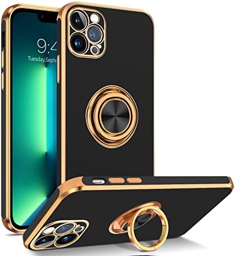 BENTOBEN iPhone 13 Pro Case with Ring, Phone case for iPhone 13 Pro, Holder Edge Plating Rotation Kickstand Soft Silicone TPU Bumper Slim Flexible Shockproof Protective Cover for iPhone 13 Pro Black