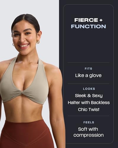 Image of Aoxjox Women's Rosie Halter Sports Bra | halter neck, removable padding, medium impact, workout top, fitness yoga crop tank, gym essential