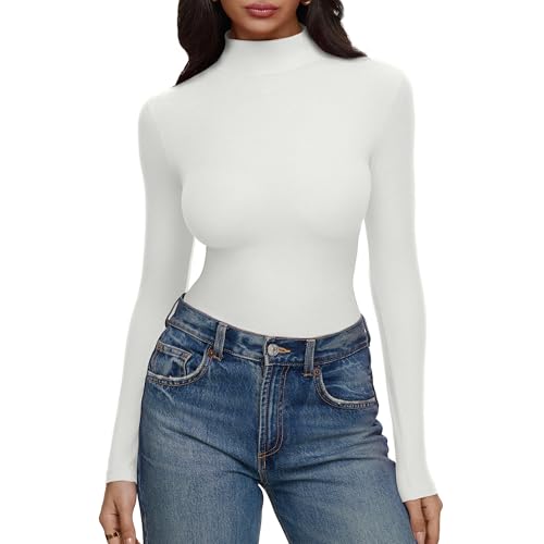 REORIA Womens Turtleneck Tops Slim Basic Mock Neck Long Sleeve Shirts 2025 Winter Layering Outfits White Medium