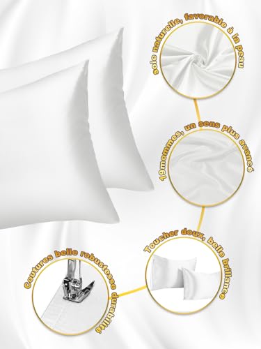 Taie Oreiller en Soie 65x65,Enveloppe de Mode taie d’Oreiller Lavable, Douce et Lisse taie d’Oreiller en Soie pour la beauté de la Peau et des Cheveux,1 pièce (Blanc) – vue 2