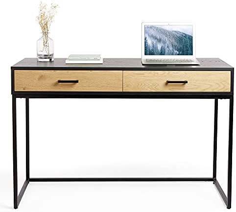 VonHaus Industrial Style Desk - Home Office Desk - Black & Oak Wood Effect Writing Study Desk w/ 2 Storage Drawers - Modern Simple Style Computer Workstation for Bedroom & WFH