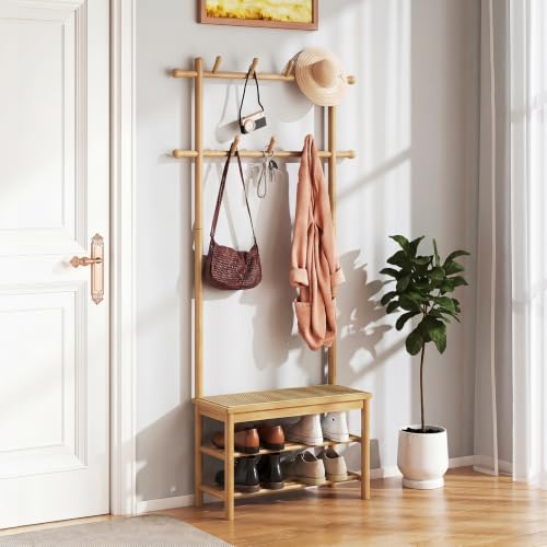 Giantex 3-in-1 Hall Tree with Bench and Shoe Storage, Bamboo Coat Rack Freestanding w/PE Rattan Bench, 11 Hanging Rods, 3 Tier Shoe Rack, Narrow Mudroom Storage Organizer for Entryway Bedroom,Natural