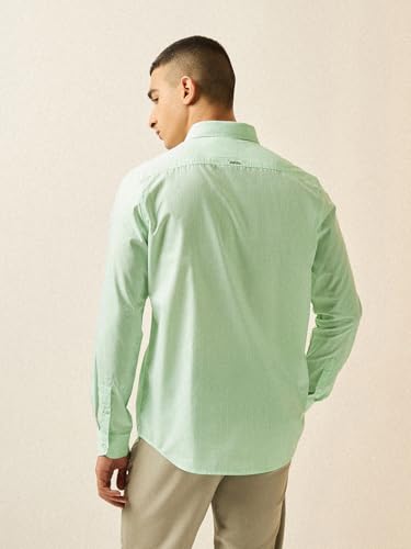 Image of THE BEAR HOUSE Men's Green Vertical Striped Tailored Fit Formal Shirt