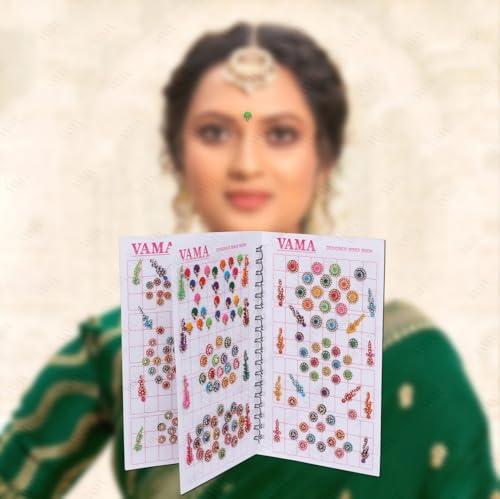 Image of VAMA Multicolor Mix Size Mix Designer Assorted Velvet Self-Adhesive Paper Cutting Golden Diamond Stone Round Long Sparkle Kumkum Bindi Book For Women, 17 Cm X 10 cms
