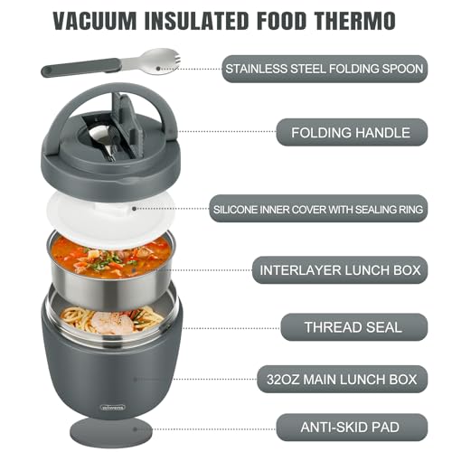 Image of wiwens Thermo Food Jar for Hot Food Adults 32OZ Soup Thermo Lunch Containers Wide Mouth Vacuum Insulated Stainless Steel Leakproof Bento Box with Spoon (Grey)