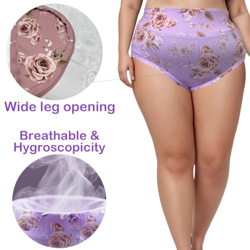 Women’s Plus Size Underwear Panties Briefs High Waist Rose Floral 6 Pack Plus Size Ladies Panties Briefs Underwear4