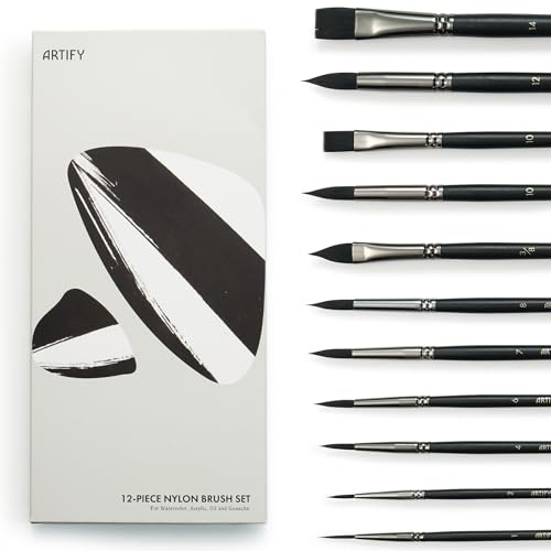 ARTIFY 水彩画筆セット 12本入り 絵筆 水彩画 アクリル画 ガッシュ 油絵 細筆 丸筆 平筆 ライナー 筆セット 初心者セット