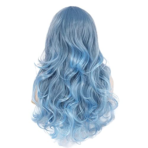 Beweig Blue Wig For Women Long Curly Wavy Pastel Blue Wig Side Part Synthetic Halloween Cosplay Wig With Wig Cap #TOP5