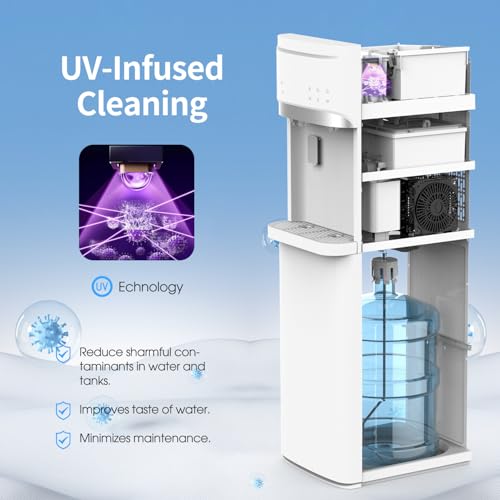 Image of Self Cleaning 4 in 1 Water Cooler Dispenser with Ice Maker Bottom Load for 5 Gallon 3 Temperature Settings 22lbs Daily Capacity Perfect for Home White