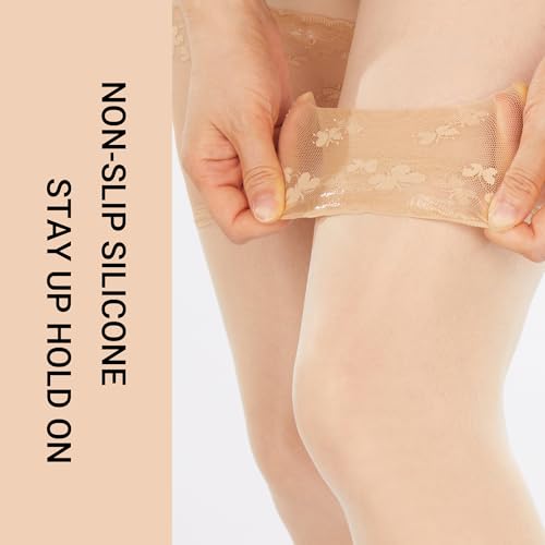 Benefeet Sox Ultrathin Oily Shiny Stockings Lace Thigh Highs with Anti-Slip Silicone Stay Up Sheer Tights 3 Denier3